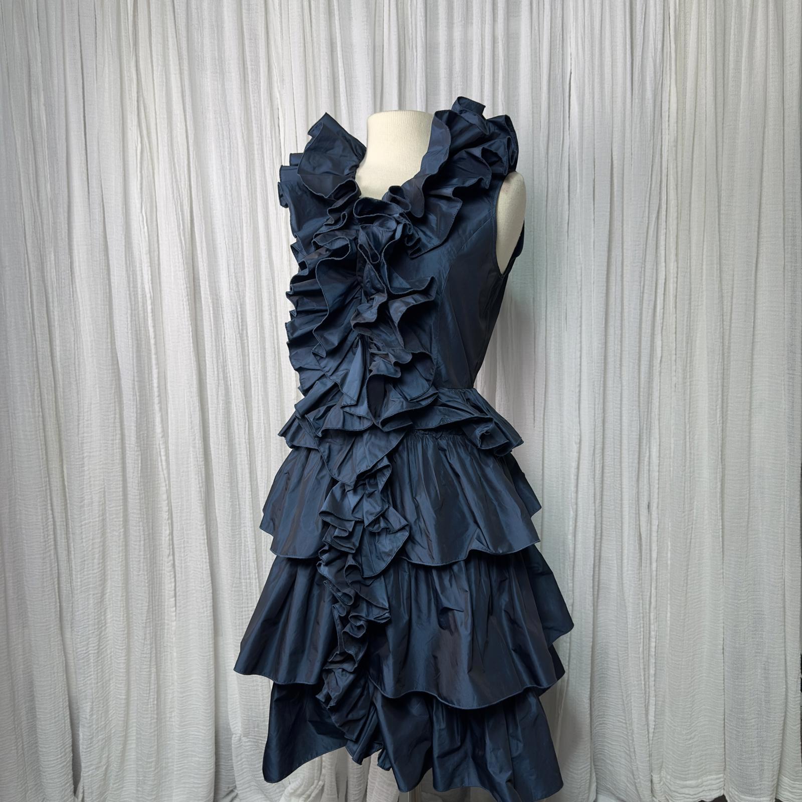 Vintage Avant Garde Regency Ruffled Teal Tiered Midi Dress (M)